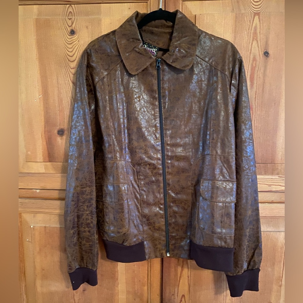 A Distressed Faux Leather Brown Adult Charades Jacket  Men never worn Large